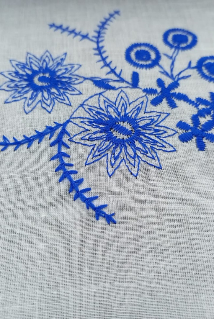 Mavi Nakış İpli Off White Vual Brode