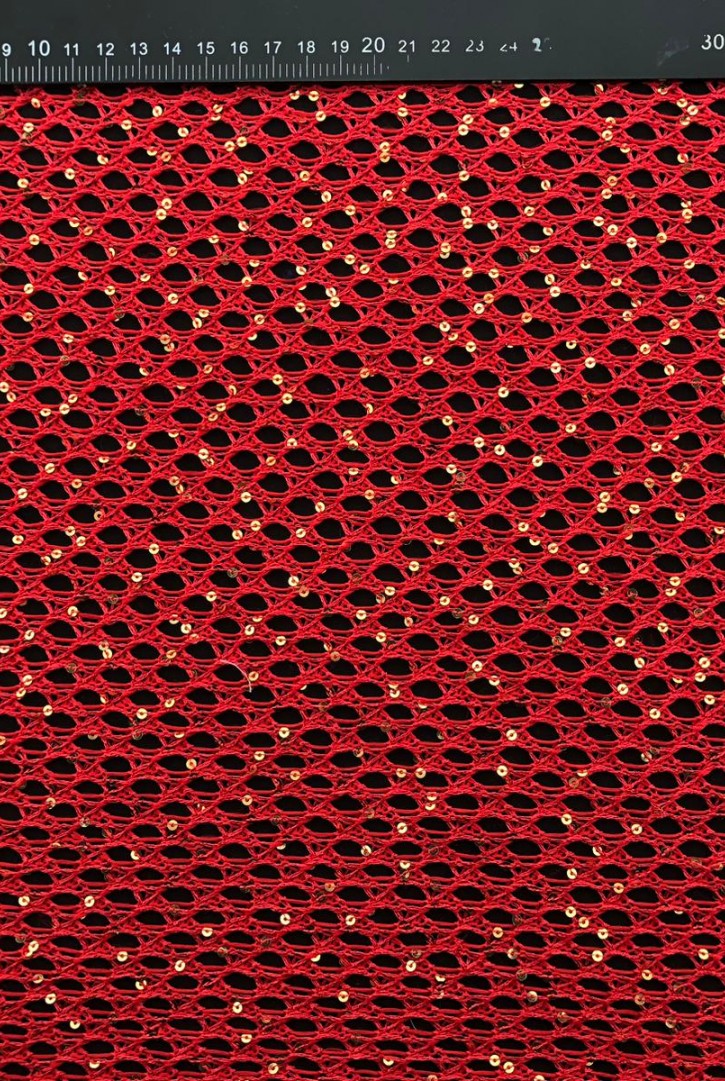 Kırmızı Zemin Gold Pullu File Yerli Kumaş - 145 cm