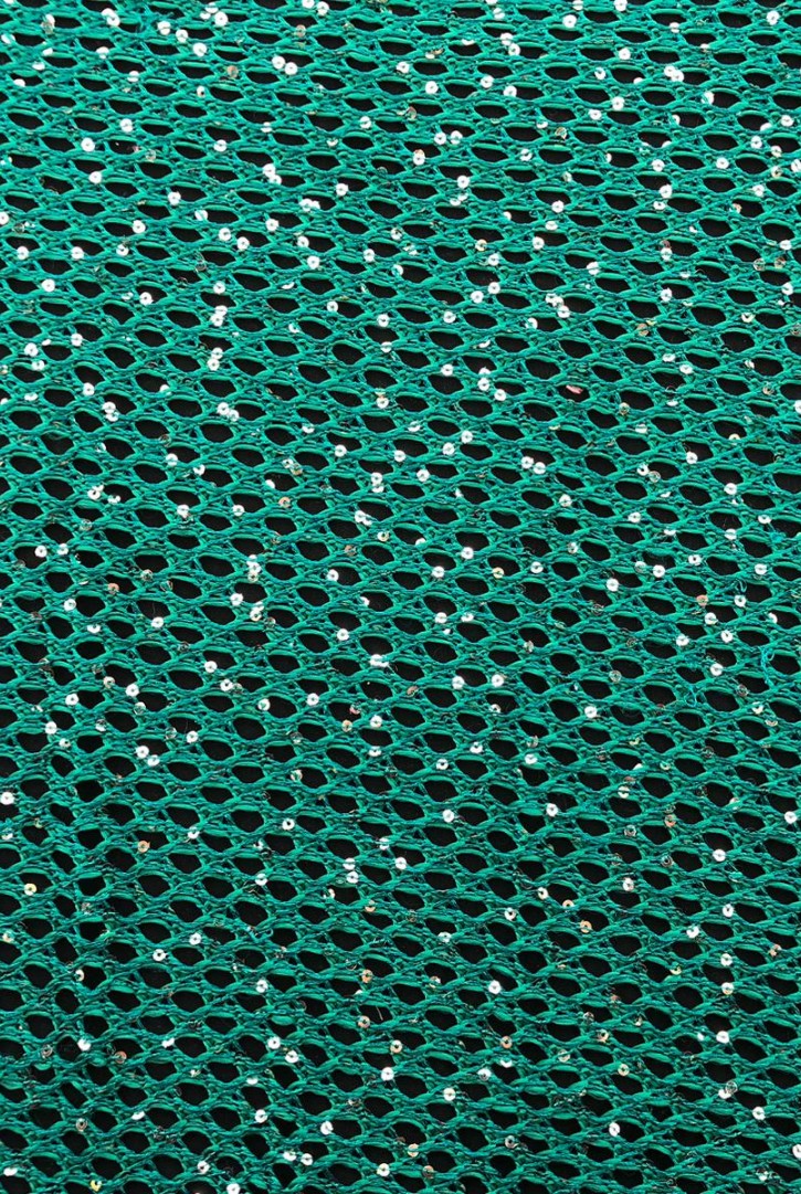 Yeşil Zemin Gümüş Pullu File Kumaş, 145 cm