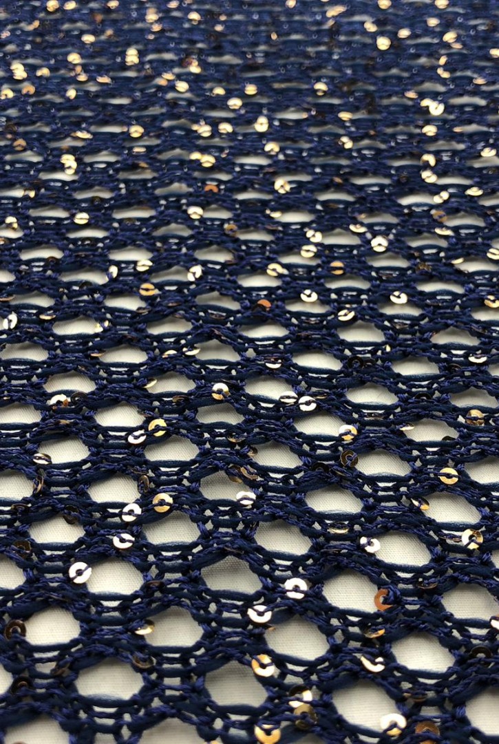 Lacivert Zemin Gold Pullu File Kumaş