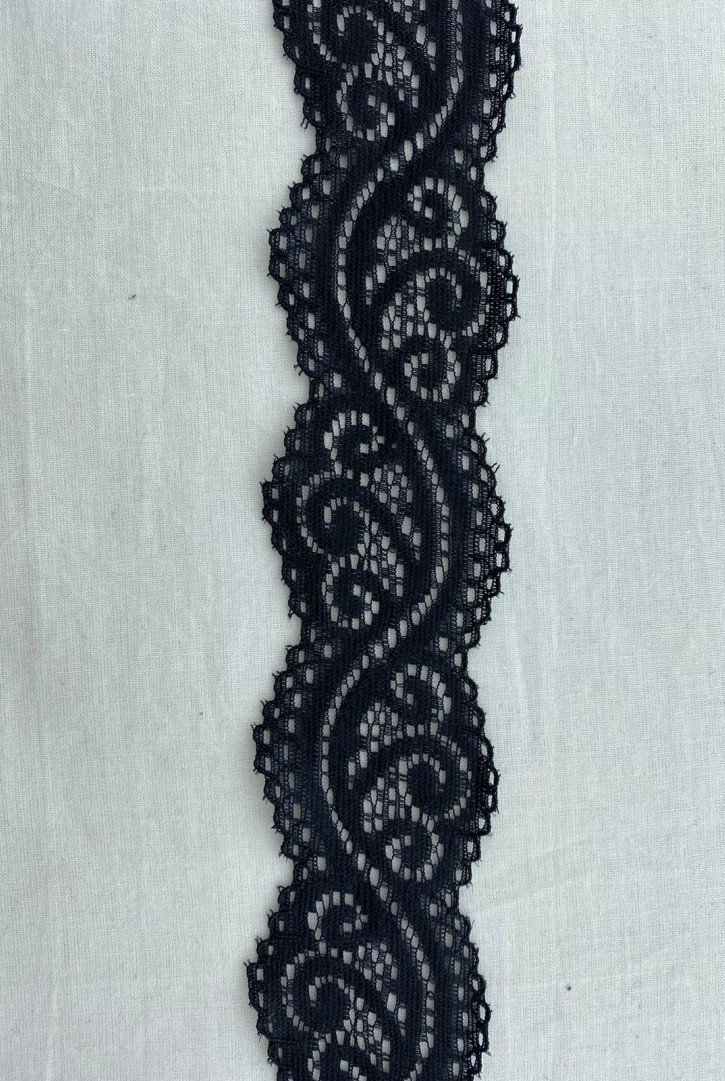 Siyah Likralı Polyester Dantel Bant, İthal, 4,5 cm