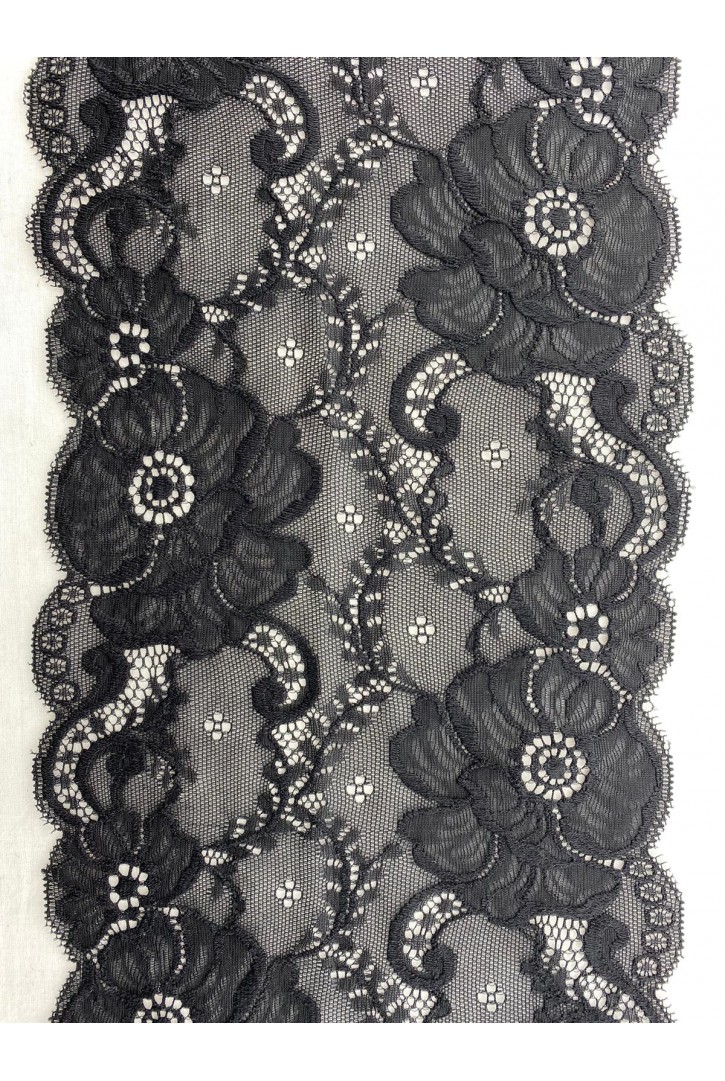 Siyah Likralı Polyester Dantel Bant, İthal, 17 cm