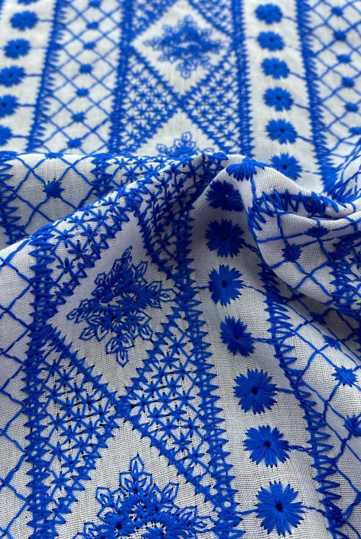 135 cm Mavi İpli Kasar Zemin Vual Pamuk Polyester Brode