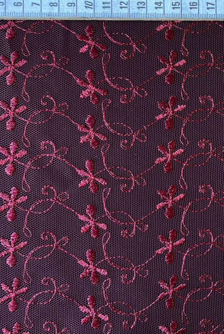 Bordo Parlak Tül Üzeri Brode Kumaş