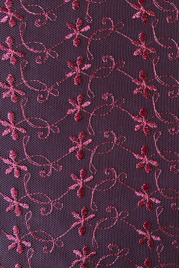 Bordo Parlak Tül Üzeri Brode Kumaş