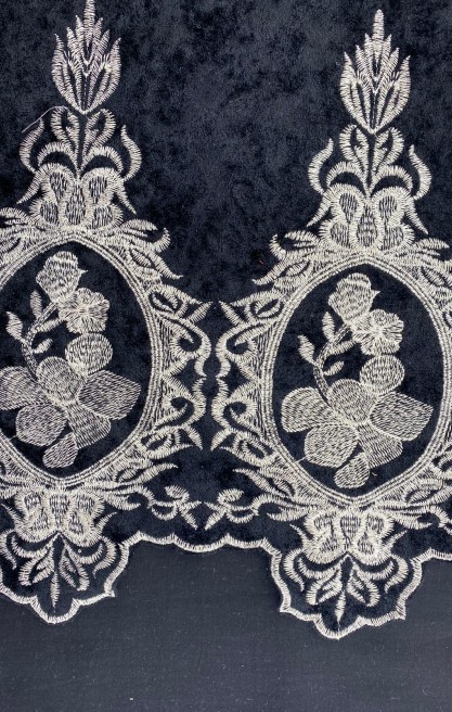 Siyah-Gümüş Kadife Brode Kumaş
