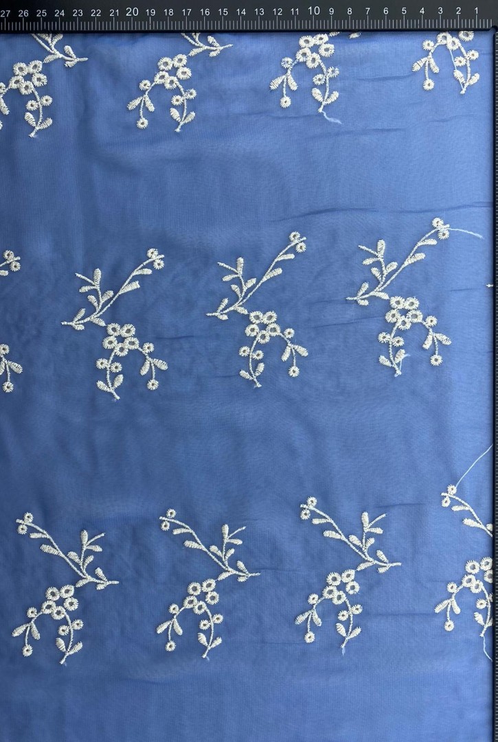 İndigo Zemin Pamuk Polyester Brode, Şifon Üzeri