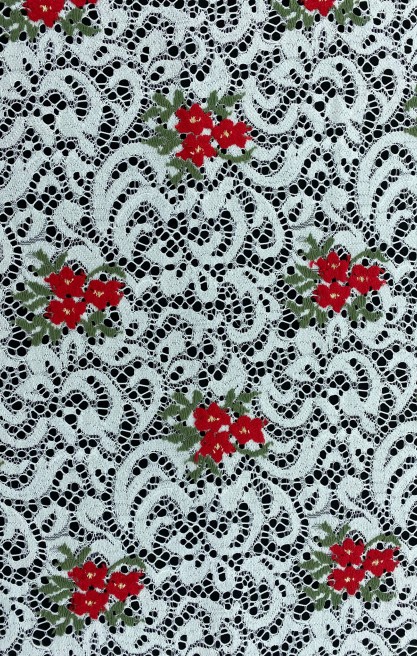 Beyaz Zemin Kırmızı Çiçek Desenli Polyester Dantel