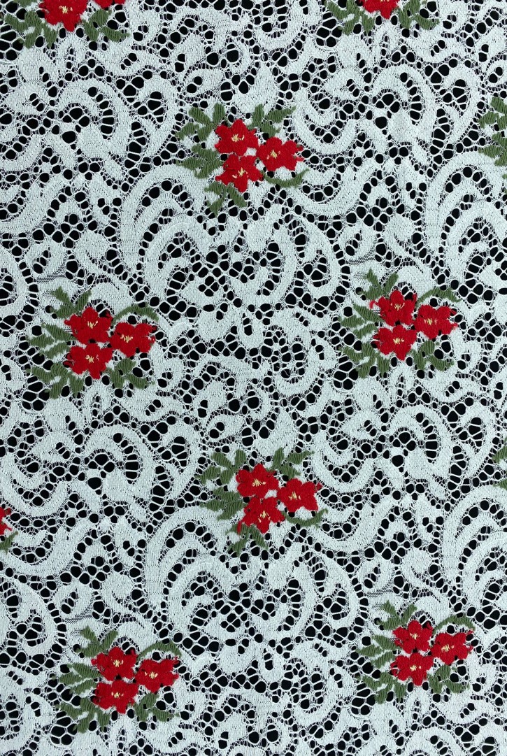 Beyaz Zemin Kırmızı Çiçek Desenli Polyester Dantel