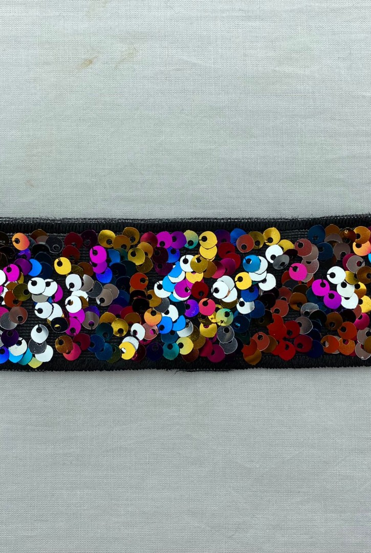 Multicolor Pullu Siyah Mesh Bant, 4 cm