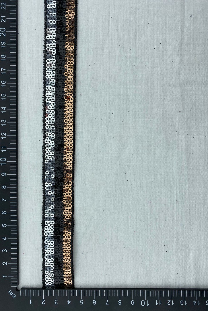 Siyah Mesh Üzeri Gümüş-Siyah-Bakır Pullu Bant, 2.5 cm