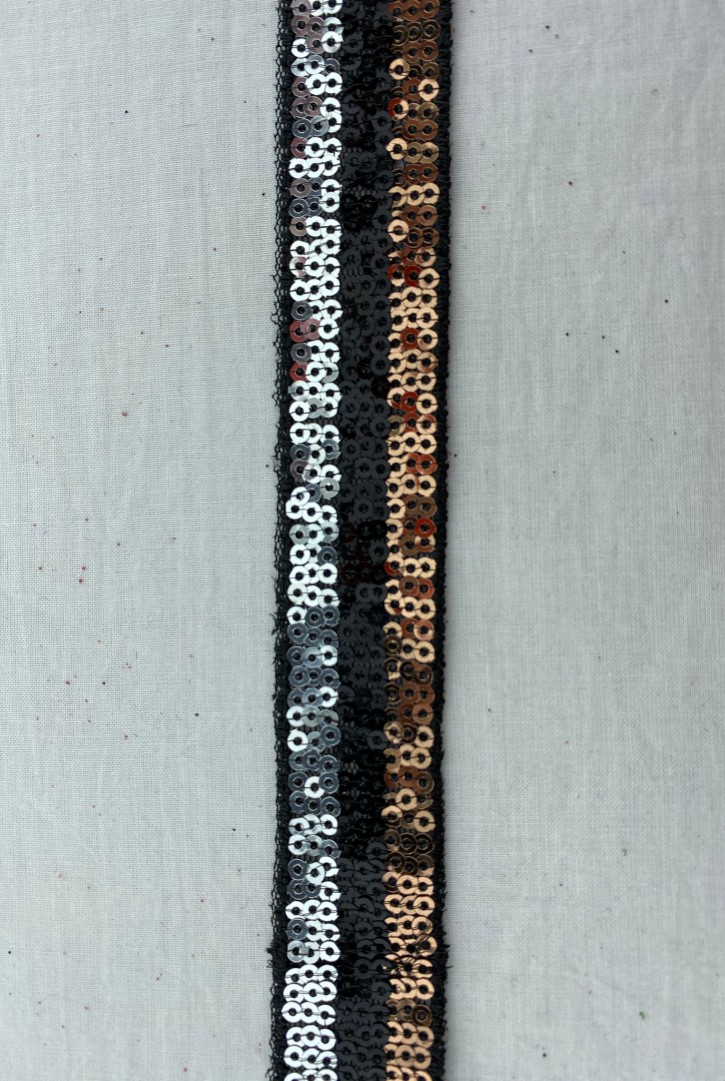 Siyah Mesh Üzeri Gümüş-Siyah-Bakır Pullu Bant, 2.5 cm