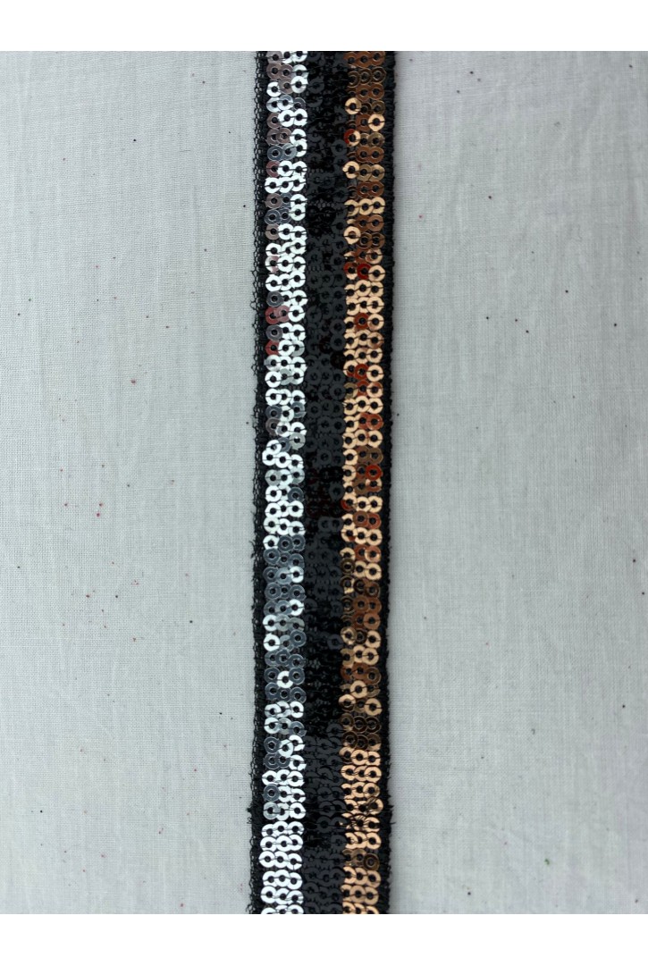 Siyah Mesh Üzeri Gümüş-Siyah-Bakır Pullu Bant, 2.5 cm