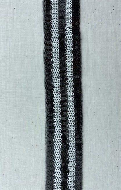 Siyah Mesh Üzeri Siyah-Beyaz Pullu Bant, 3 cm