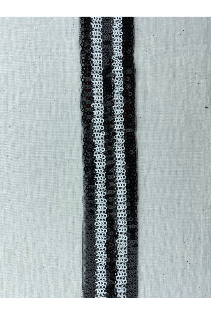 Siyah Mesh Üzeri Siyah-Beyaz Pullu Bant, 3 cm