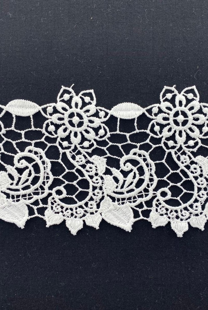 Beyaz Mat Polyester Güpür Brode Bant, 8 cm