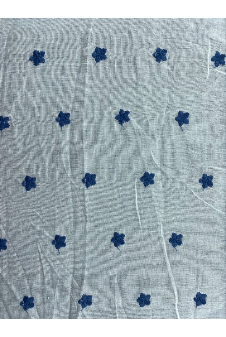 İndigo Çiçek Nakışlı Yerli Brode Kumaş - 135 cm