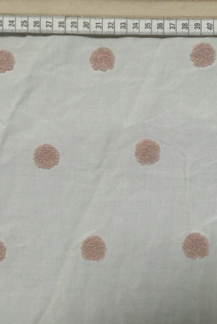 Beyaz Zeminli Pudra Ponponlu Viskon Polyester Kumaş, 145 cm