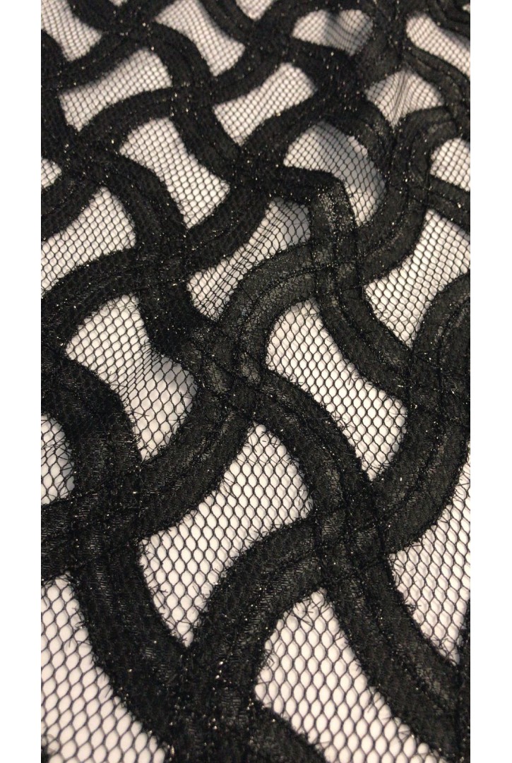 Simli Rijit Polyester Dantel, Siyah