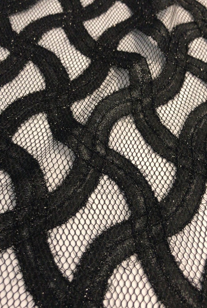 Simli Rijit Polyester Dantel, Siyah