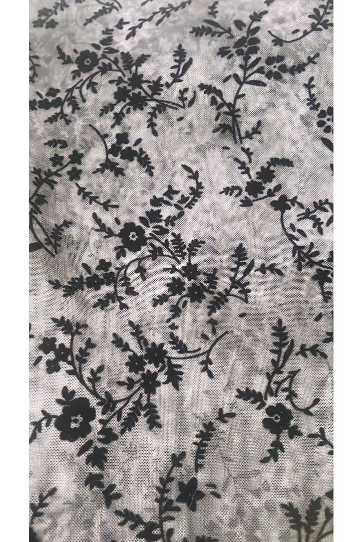 23046 DANTEL/YERLİ/LEZ/POLYESTER LİKRALI/LACİVERT/SİYAH FLOKLU/150 CM