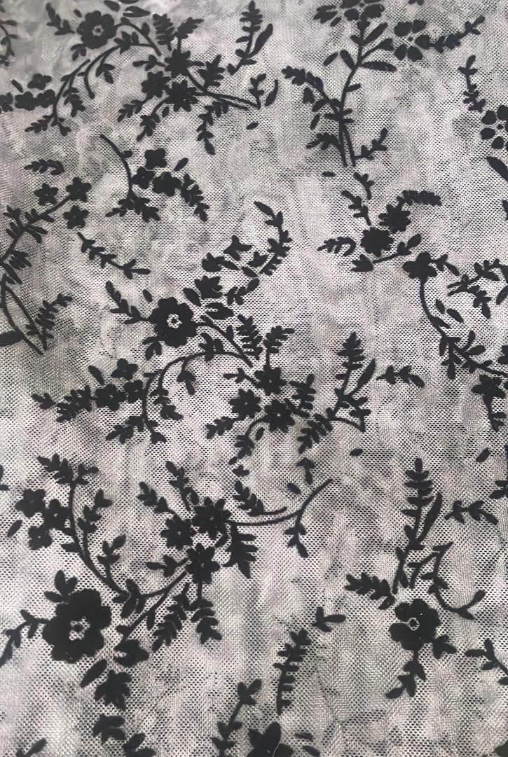 23046 DANTEL/YERLİ/LEZ/POLYESTER LİKRALI/LACİVERT/SİYAH FLOKLU/150 CM