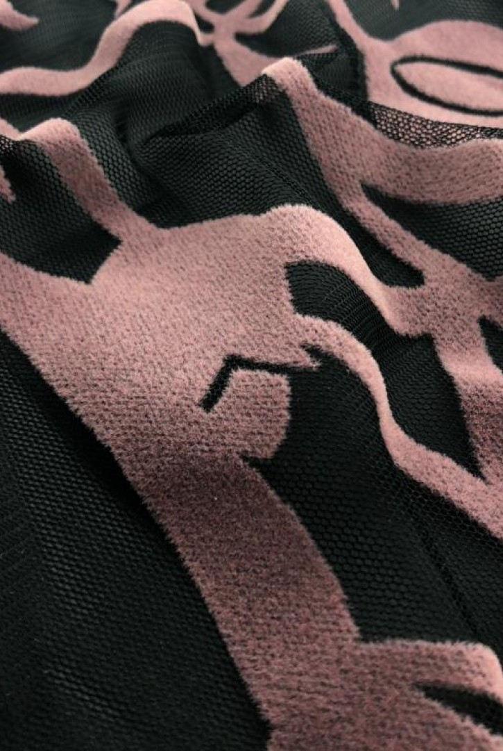 12447 TÜL/YERLİ/LEZ/POLYESTER/FLOK BASKI/SİYAH ZEMİN/GÜL KURUSU