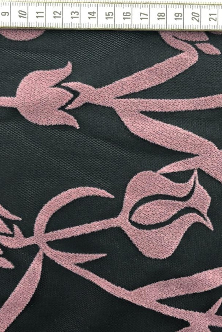 12447 TÜL/YERLİ/LEZ/POLYESTER/FLOK BASKI/SİYAH ZEMİN/GÜL KURUSU