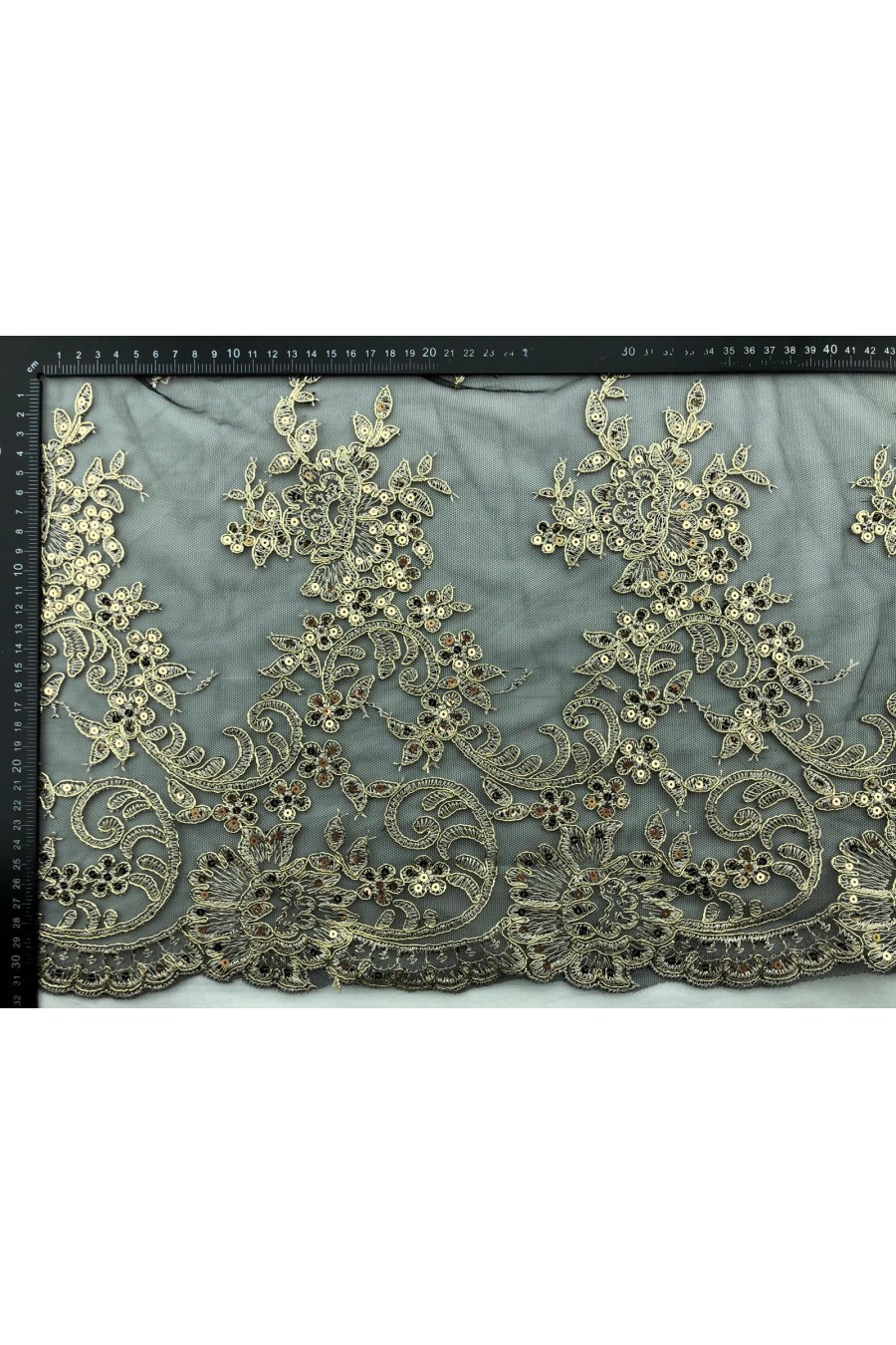 5672-METRE Siyah Gold Pullu Naylon Brode Kumaş