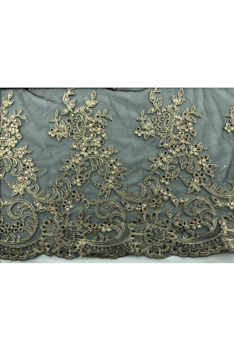 5672-METRE Siyah Gold Pullu Naylon Brode Kumaş