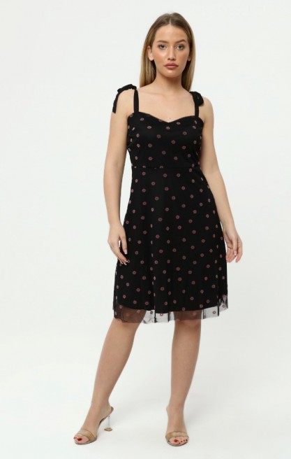 Kadın Çiçek Desenli Bağcık Askılı Tül Elbise