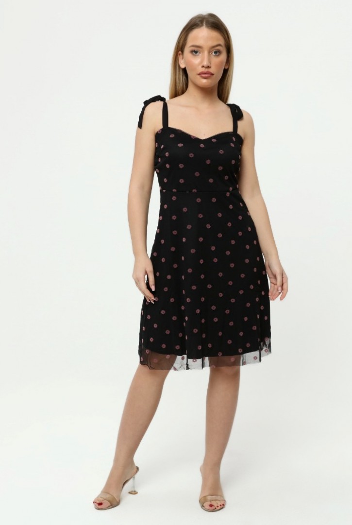 Kadın Çiçek Desenli Bağcık Askılı Tül Elbise