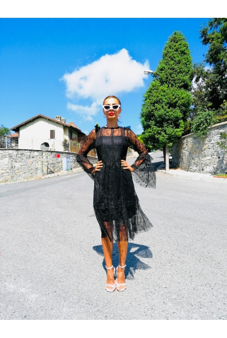 Kadın Şerit Süslemeli Dantel Elbise