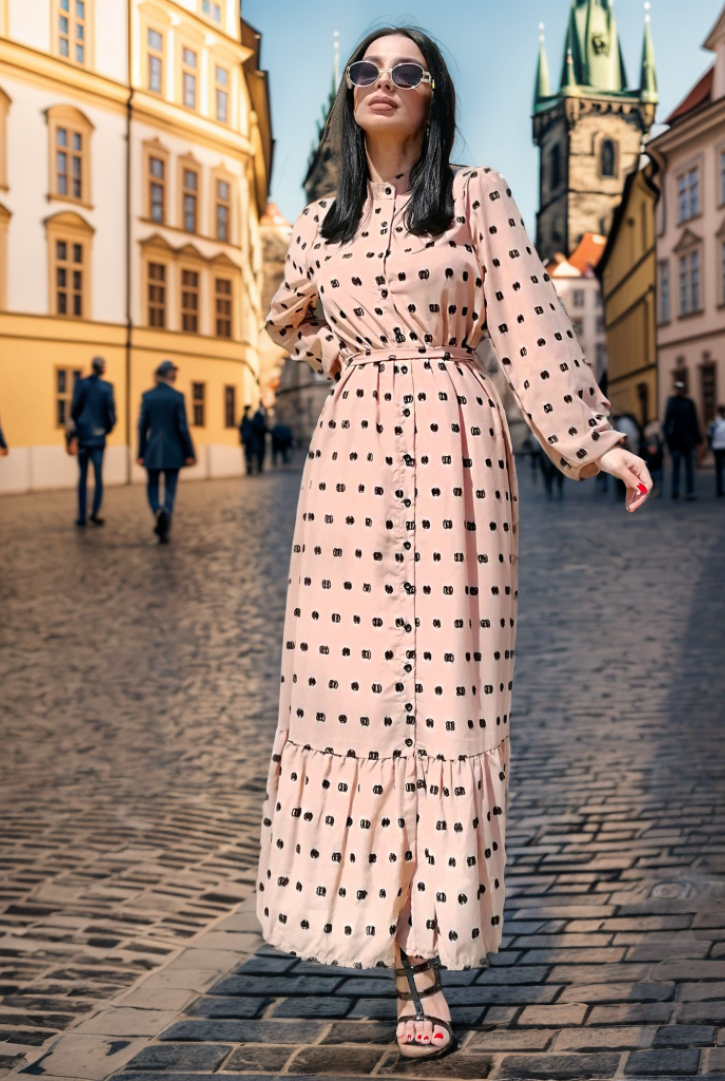 Kadın Flok Baskılı Patlı Gömlek Elbise