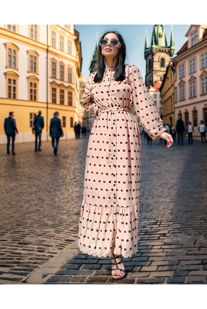 Kadın Flok Baskılı Patlı Gömlek Elbise