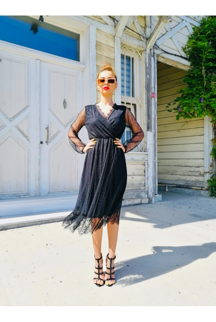 Kadın Kruvaze Yakalı Puantiyeli Elbise