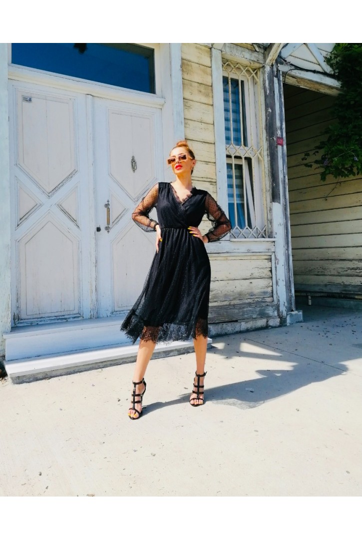 Kadın Kruvaze Yakalı Puantiyeli Elbise