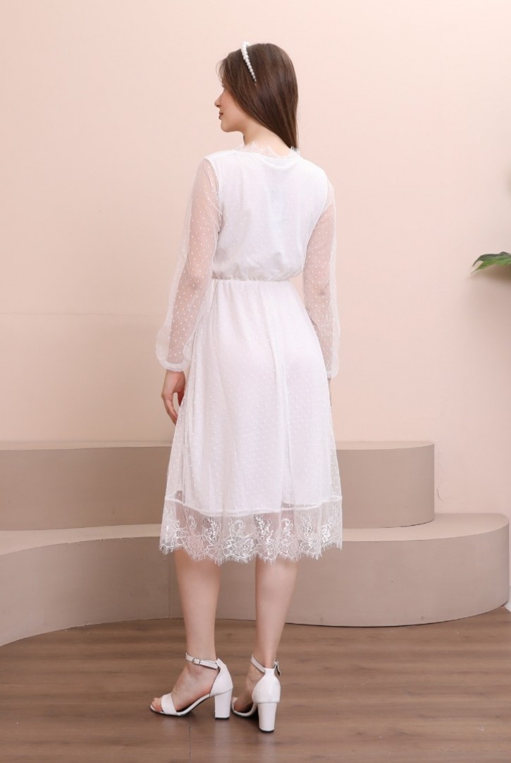 Kadın Kruvaze Yakalı Puantiyeli Elbise