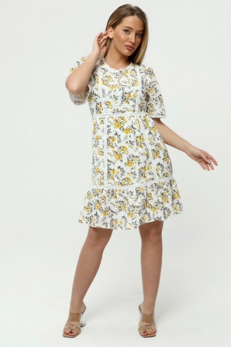 Kadın Şerit Detaylı Çiçek Desenli Elbise