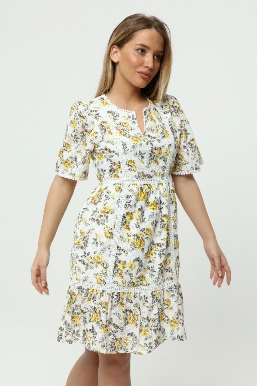 Kadın Şerit Detaylı Çiçek Desenli Elbise
