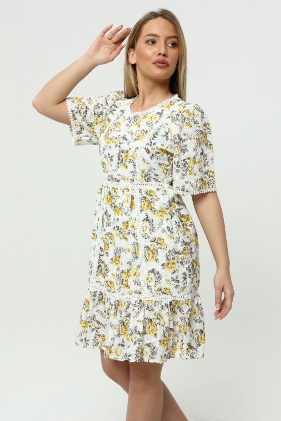 Kadın Şerit Detaylı Çiçek Desenli Elbise
