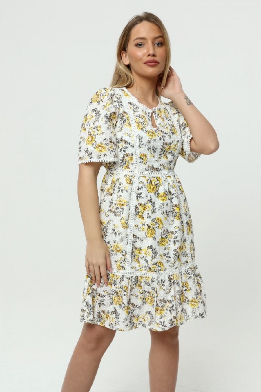 Kadın Şerit Detaylı Çiçek Desenli Elbise