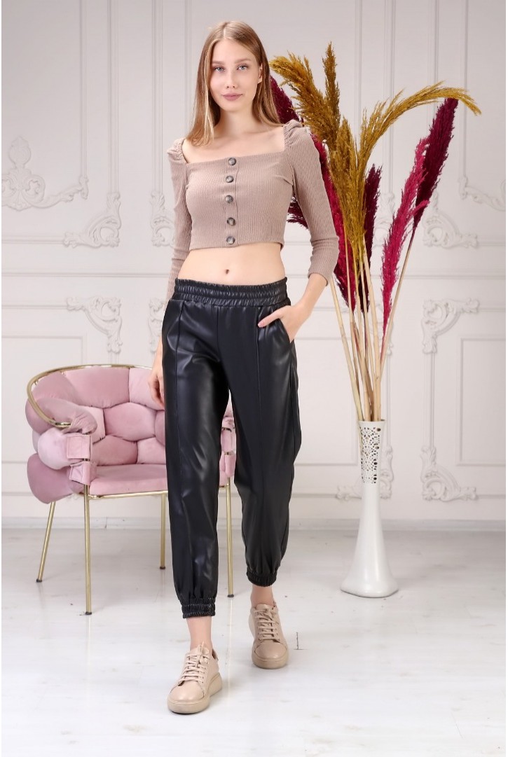 Kadın Suni Deri Bağlama Detaylı Bluz
