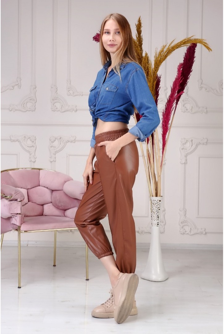 Kadın Suni Deri Jogger Pantolon