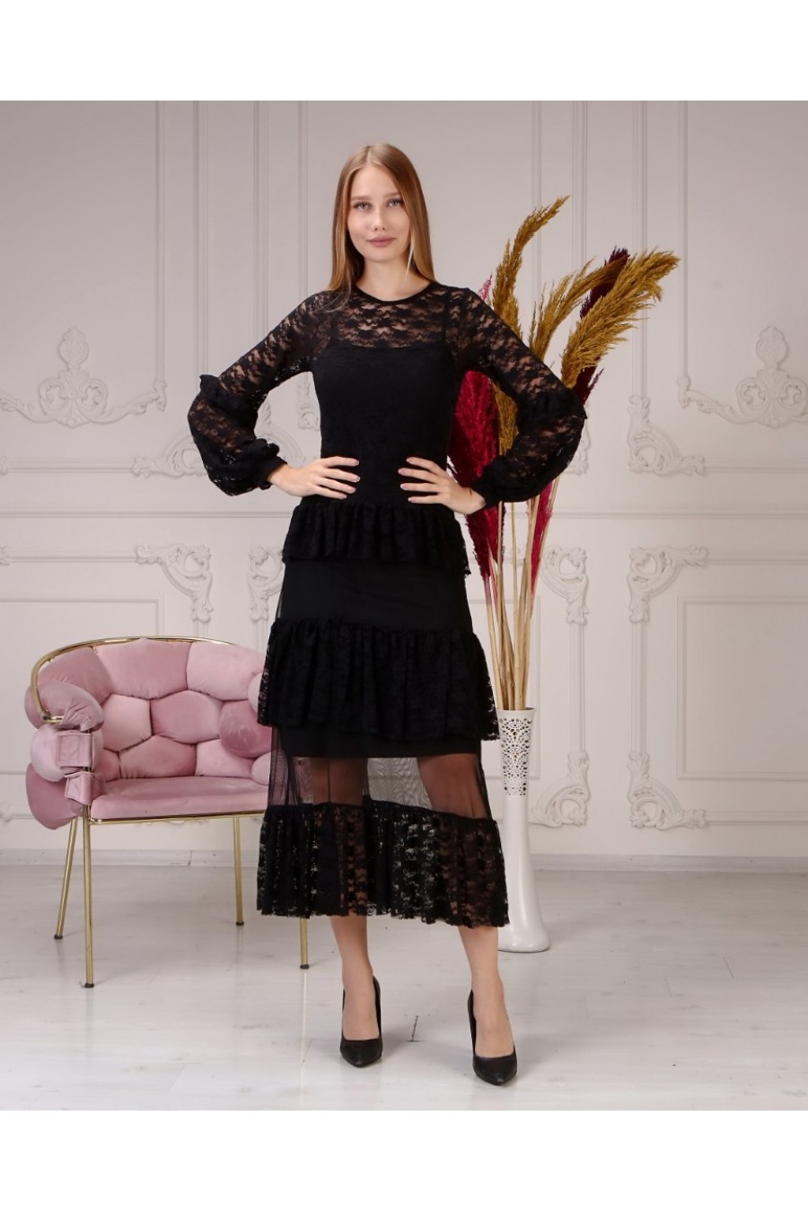 Kadın Fırfır Katlı Dantel Elbise