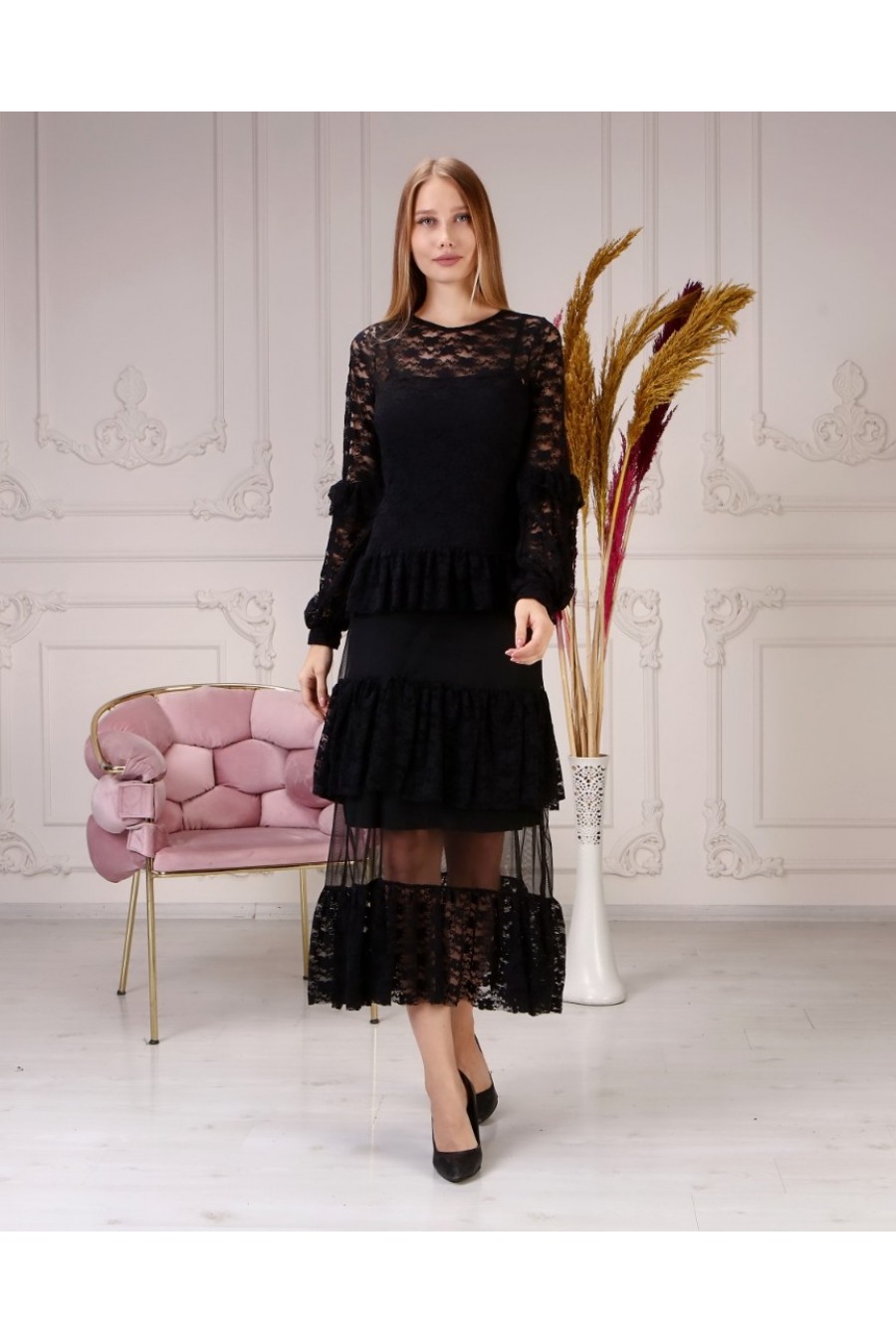 13268 Kadın Fırfır Katlı Dantel Elbise