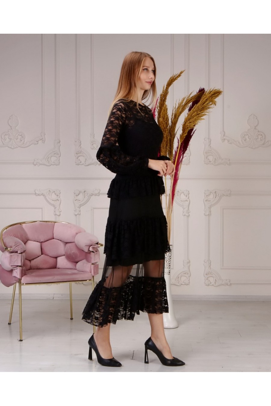 13268 Kadın Fırfır Katlı Dantel Elbise