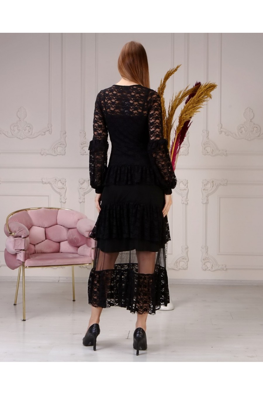 13268 Kadın Fırfır Katlı Dantel Elbise