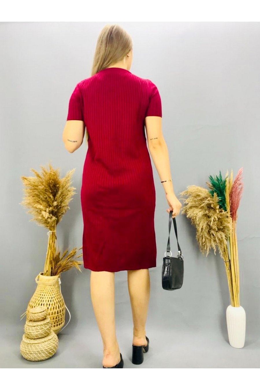 13335 Kadın Yırtmaçlı Kısa Kollu Triko Elbise