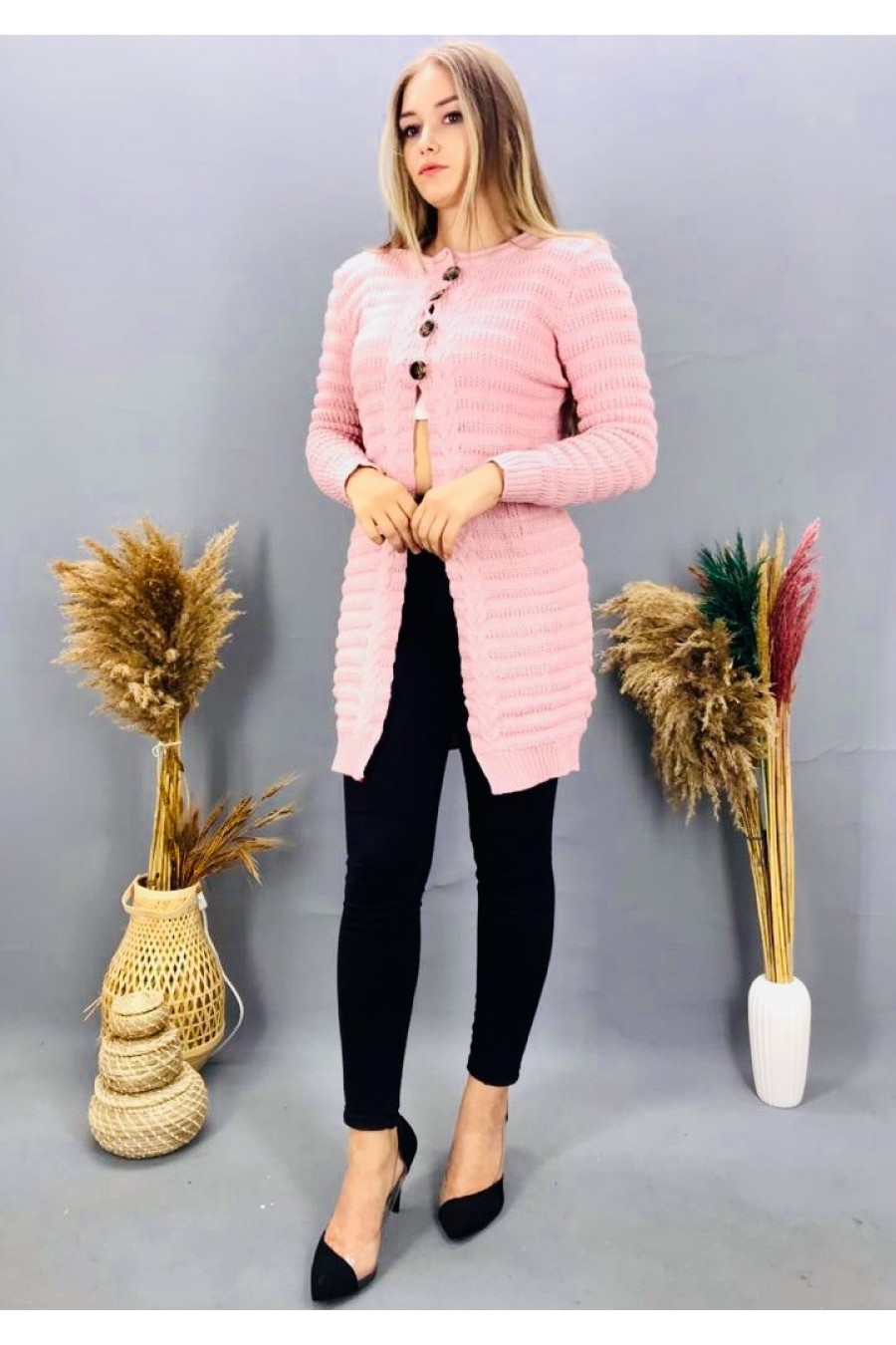 13354 Kadın Önü Düğme Detaylı Triko Hırka